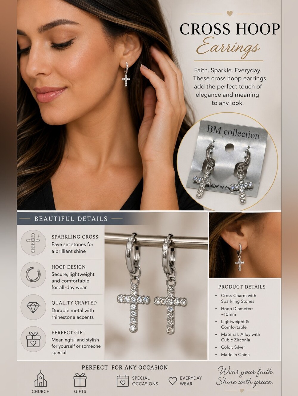 BM Collection Silver Cross Hoop Earrings - Silver